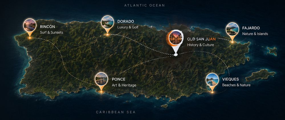 Map of Puerto Rico with featured destinations